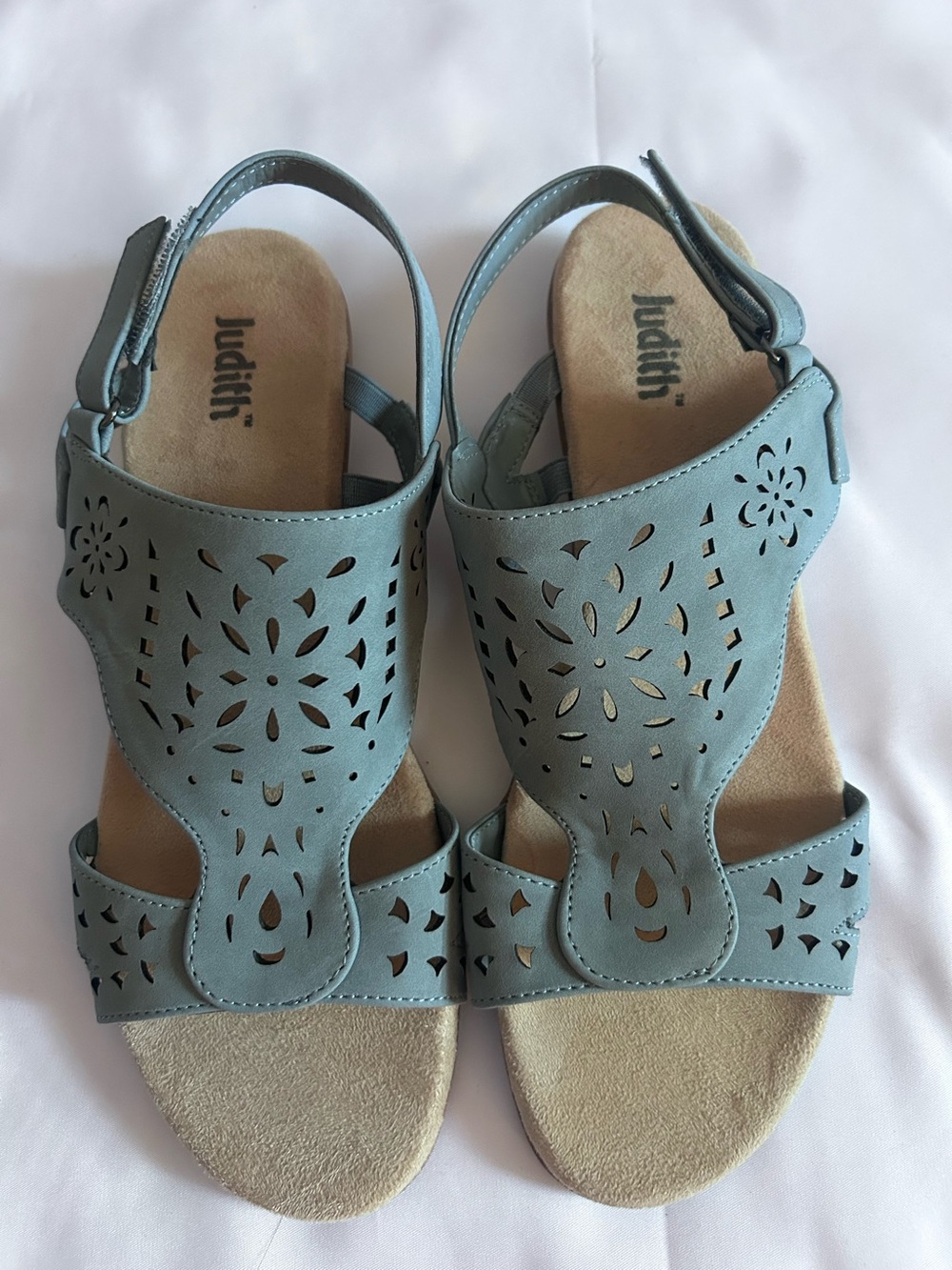 Dusty Blue Open Toe Sling Back Wedge Sandals by Judith Victoria Size 9